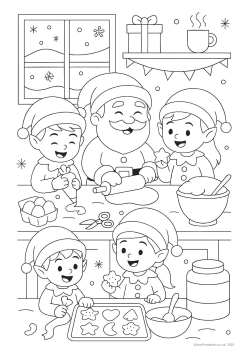 Santa and elve baking colouring page