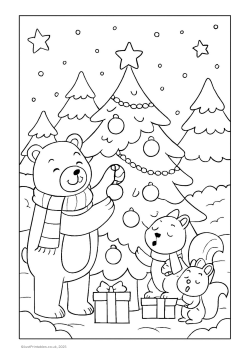 Bears decorating a Christmas tree colouring page