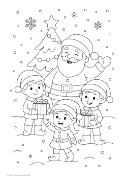 Santa and elves colouring page